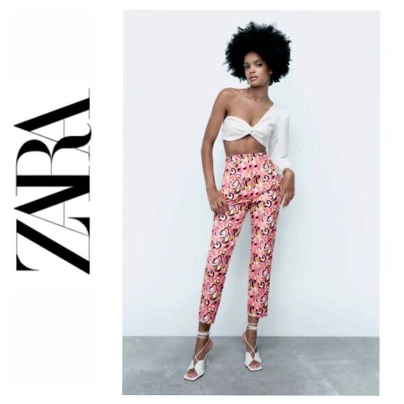 NWOT Zara Pink Paisley High Waisted Pleated Tapered Ankle Length Cropped Pants - Picture 1 of 15